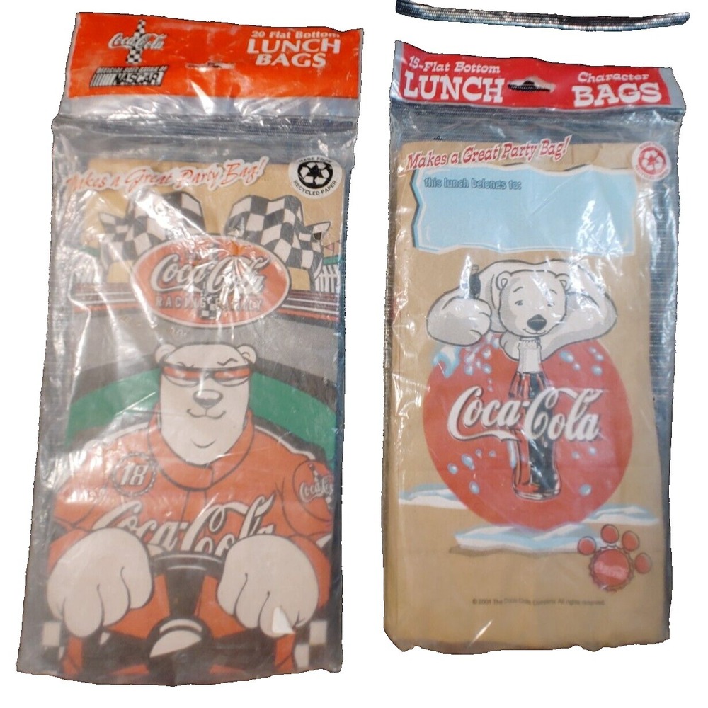 Coca-Cola Nascar Brown Paper Bag Lunch Party Polar Bear Flat Bottom Car Racing